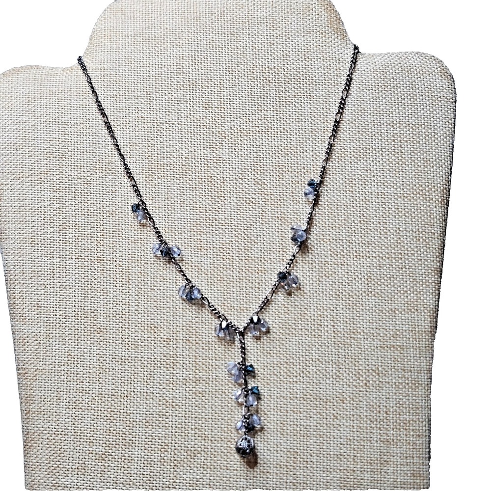 Vintage Silver Tone Blue Faceted Teardrop Bead Dangle Fringe Statement Necklace